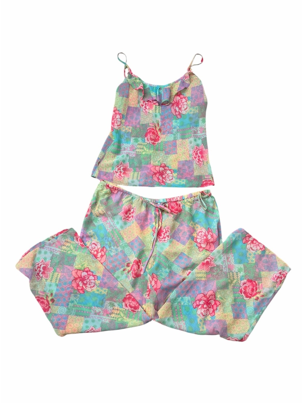 Vintage Josie Natori Patchwork Floral Pajama Set Size L
